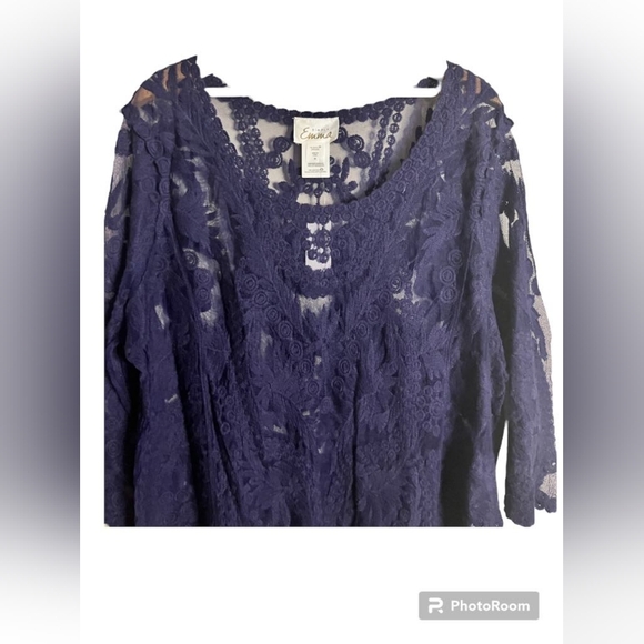 Navy Blue Simply Emma Embroidery Sheer Blouse - Picture 2 of 5